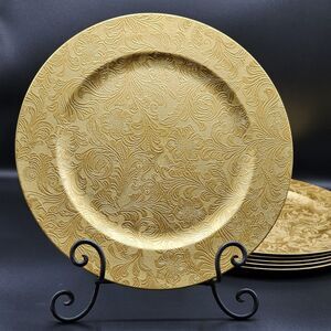 Set Of 4 Engraved Gold Plastic Floral Charger‎ Plates 13in